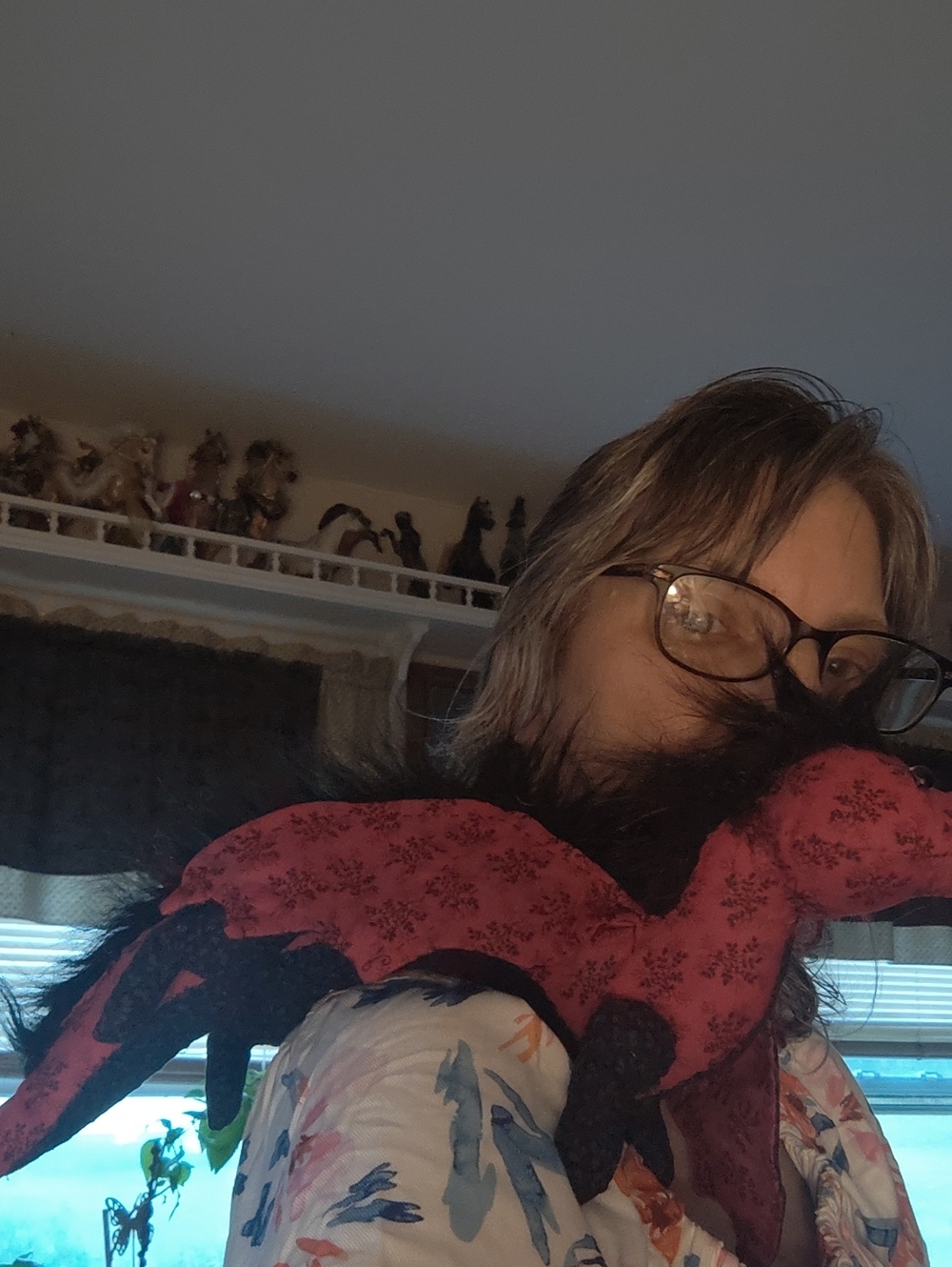 Plush Dragon Handsewn- Red Black Black Faux Fur Mohawk Red Eyes - Picture 5 of 5